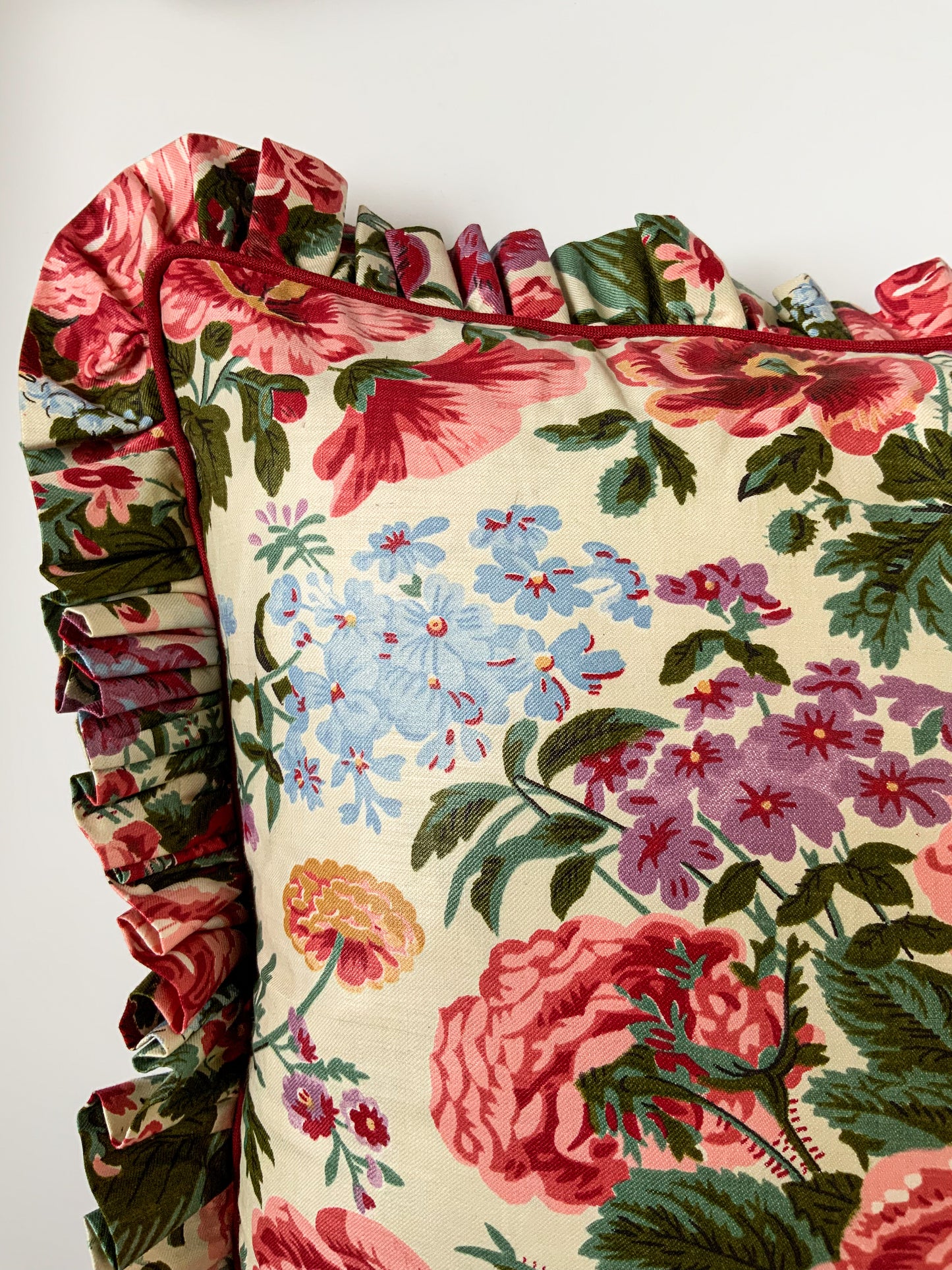 Chintz Pillow with Traditional Ruffle and Piping 20”x20”