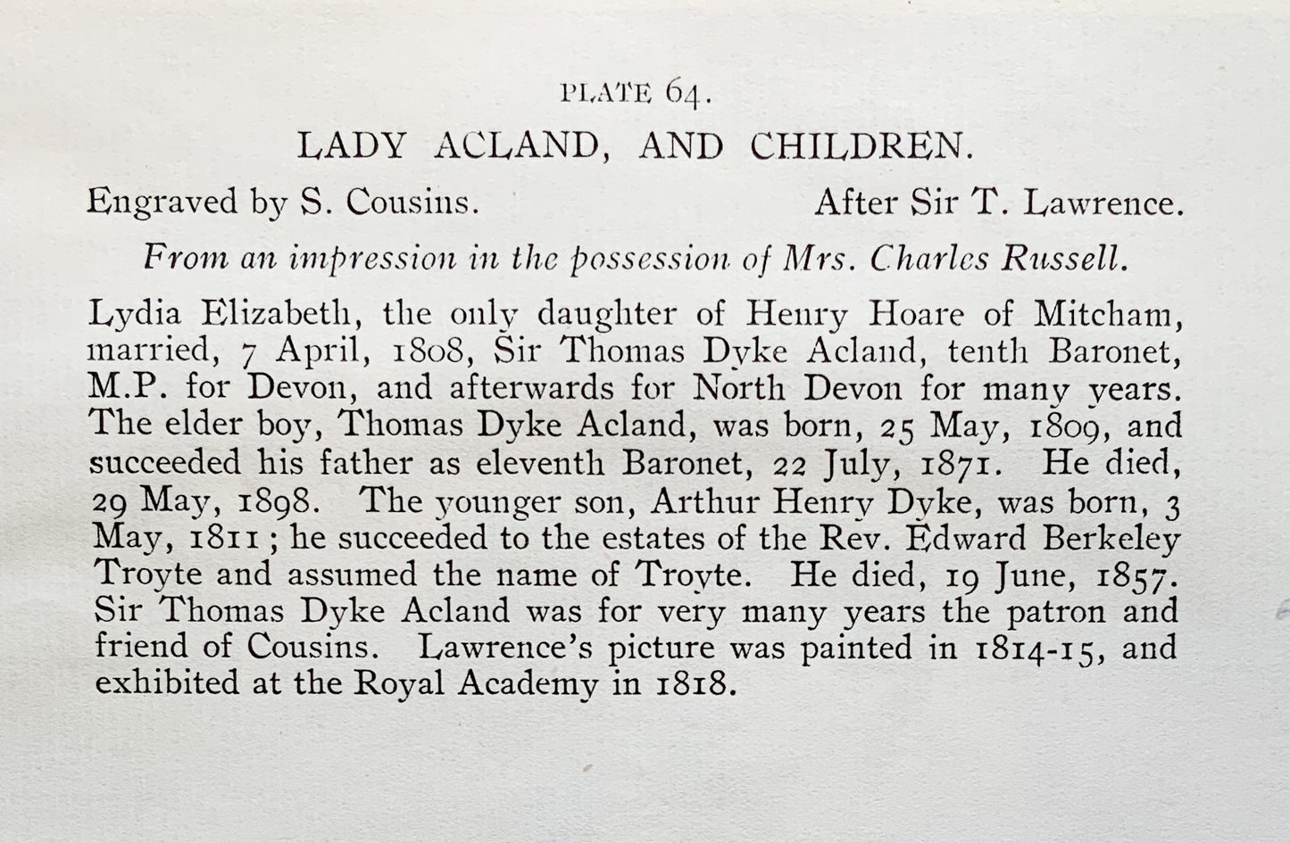 Antique Mezzotint “LADY ACLAND, AND CHILDREN”