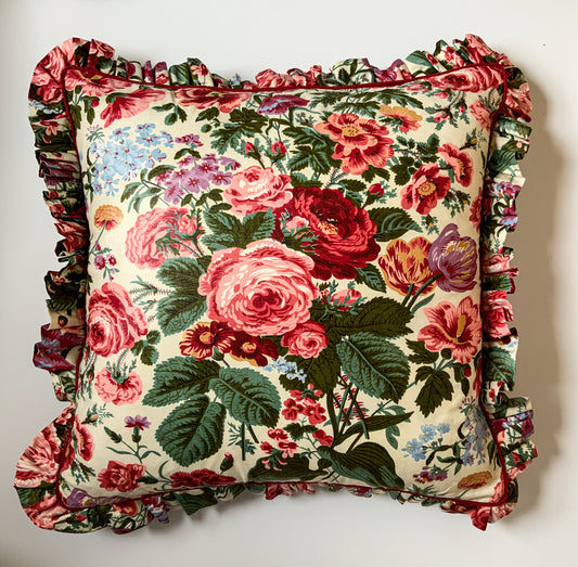 Chintz Pillow with Traditional Ruffle and Piping 20”x20”