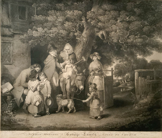 Antique Engraving “SUNDAY MORNING COTTAGE FAMILY GOING TO CHURCH “