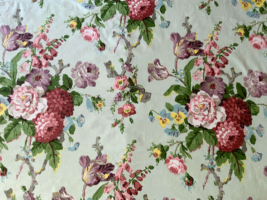 Foxgloves and Dahlias Handprint Chintz Slightest Blue Background
