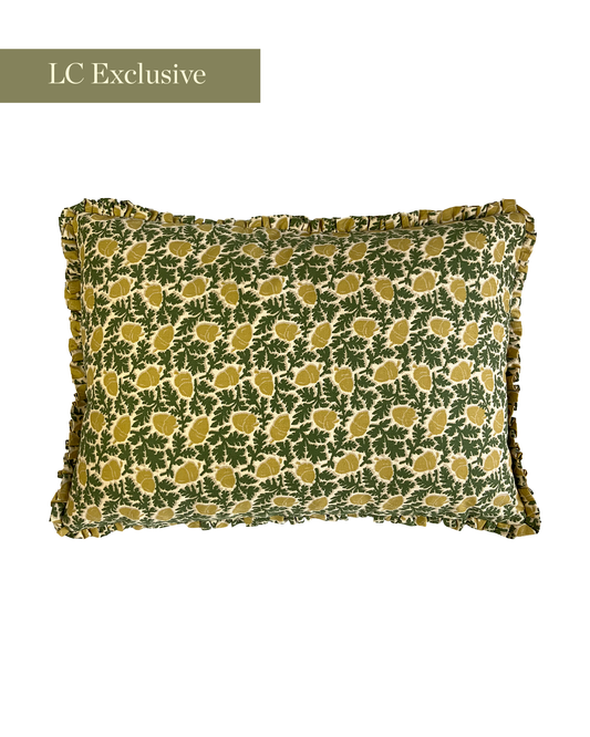 Cushion in “Acorn” Print with Ruffles in green/mustard